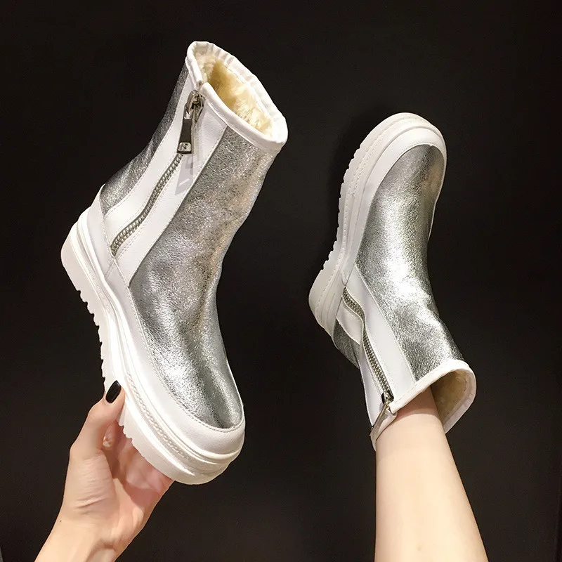 Snow Boots New Women's Winter Shoes Thick Sole Plaforms Ankle Boot Round Toe Thick Plush Warm Cotton Shoe Side Zip Silver Black