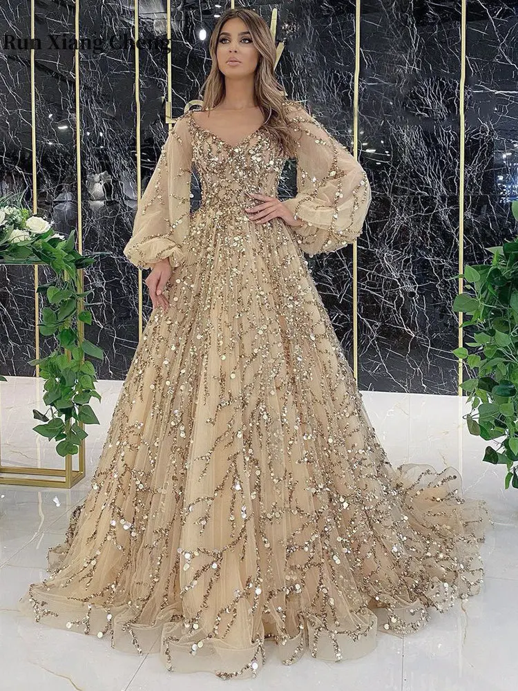 

2023 New Gold Beaded Luxury Evening Dress Sexy Long Dress with Mesh Long Sleeve Sparkling Beads and V-neck Elegant and Luxurious