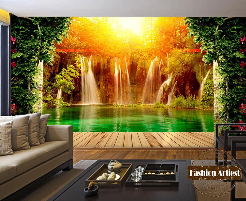 

Custom 3d Waterfall In Forest Wallpaper Mural Lake Sunshine Into Tree Peace Scenery Tv Sofa Bedroom Living Room Background