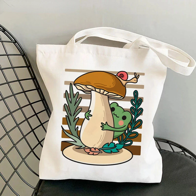

холщовая сумка сумка женская шопер сумка сумка тоут пляжная сумка Новинка, милая сумка с рисунком в виде лягушки и гриба, холщовая сумка для покупок в стиле Харадзюку, сумки через плечо для девушек, сумка-шоппер