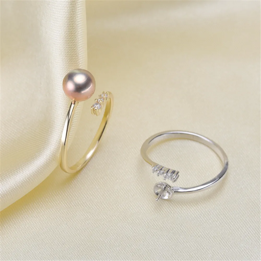 

S925 Sterling Silver Micro-set Zirconia Half-hole Bead Settings Ring Fashion Classic DIY Sticky Pearl Empty Bracket Ring Holder