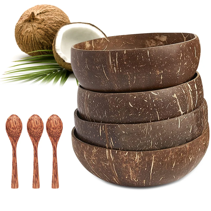 Natural Coconut Bowl Wooden Spoon Tableware Set Creative Shell Kitchen Set Item Rice Ramen Salad Home Decorative Dinnerware