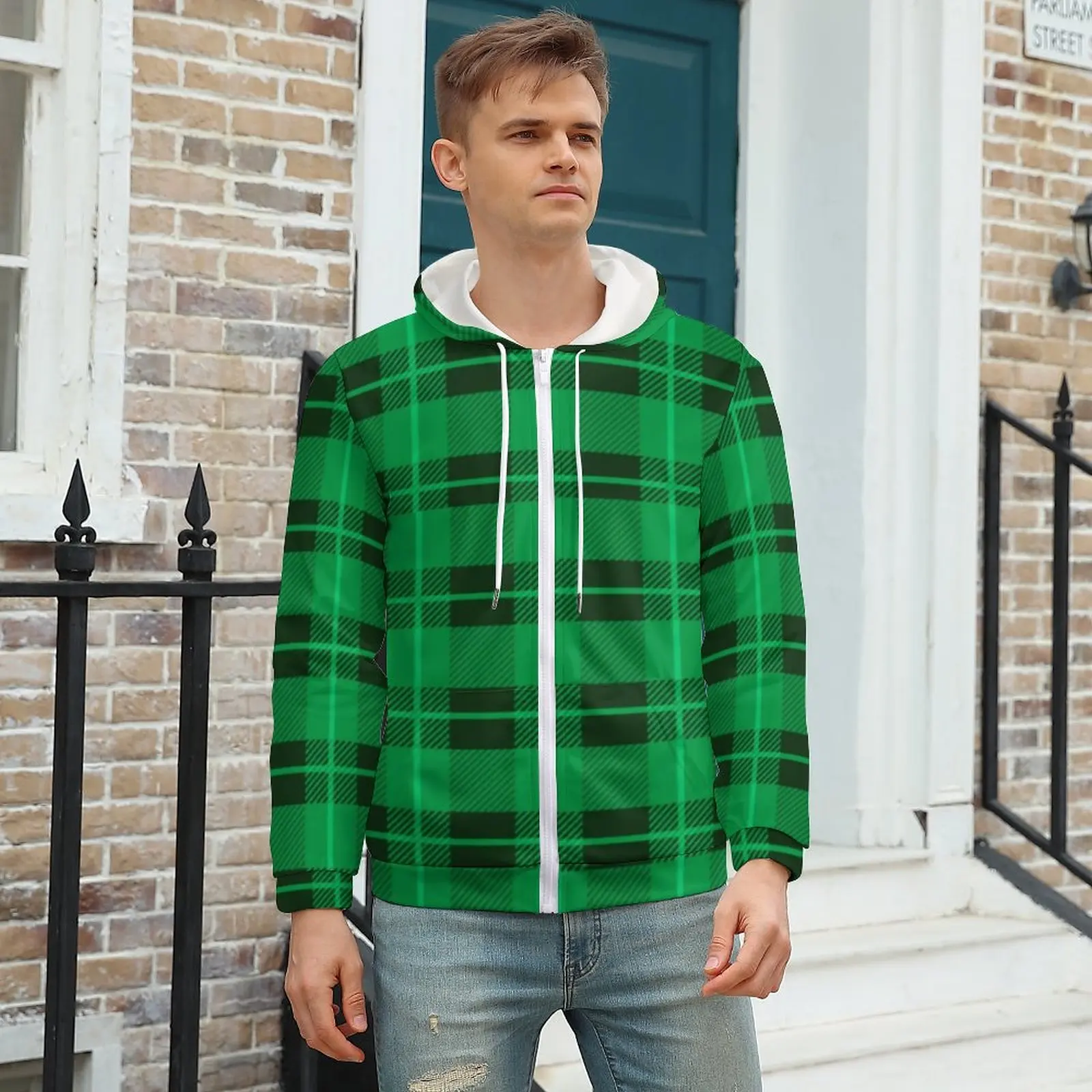 

Green Plaid Print Hoodies St Paddy S Day Autumn Polyester Hoodie Streetwear Zip Up Hoodie Mens Oversized