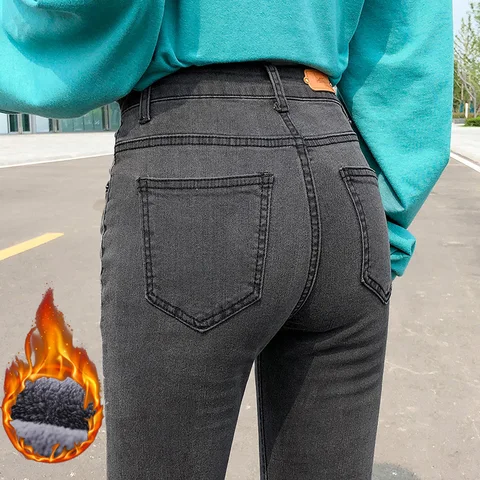 Women Thermal Jeans Denim Skinny Stretch Jeans Oversized High Waist Winter Plush Warm Lamb Fleece Lady Plus Size Pencil Trousers