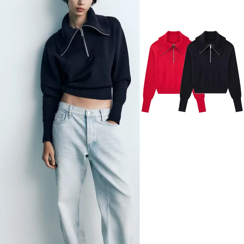 

Женский трикотажный свитер-водолазка на молнии с длинным рукавом