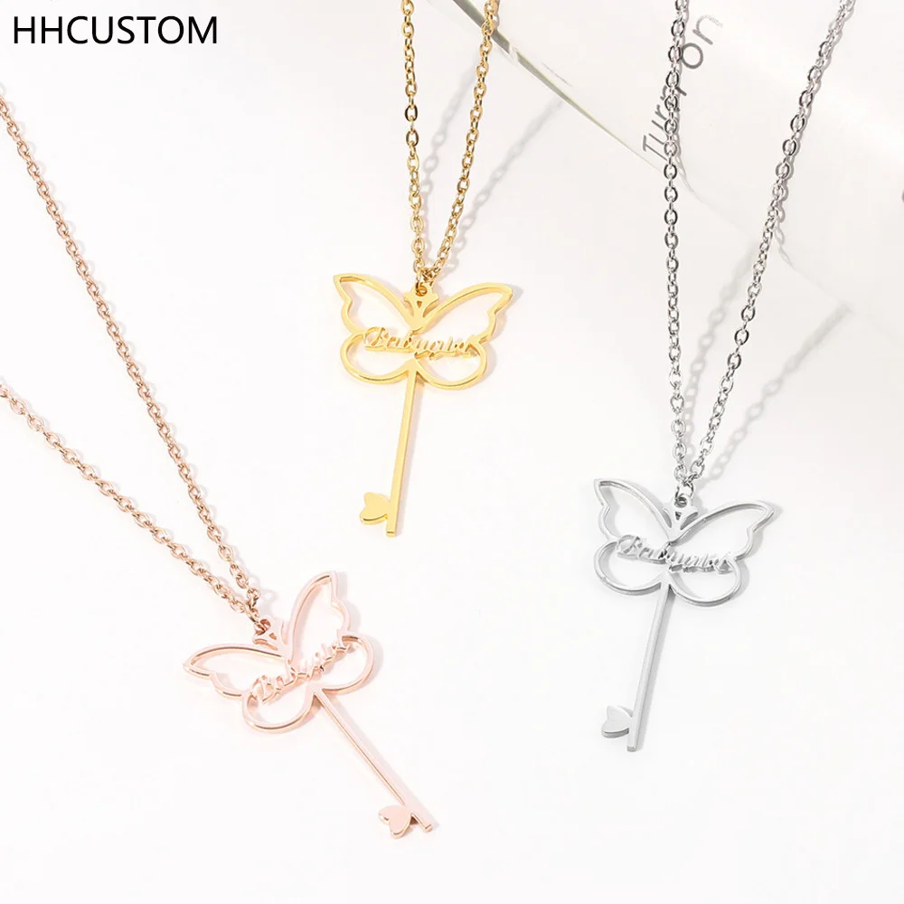 

HHCUSTOM Custom Butterfly Key Necklaces Personality Stainless Steel Hollow Nameplate Pendant Choker For Women Jewelry Best Gift
