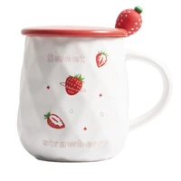 ceramic cup with lid cute strawberry printed cup men and women coffee cup tea cup simple household cup with lid spoon