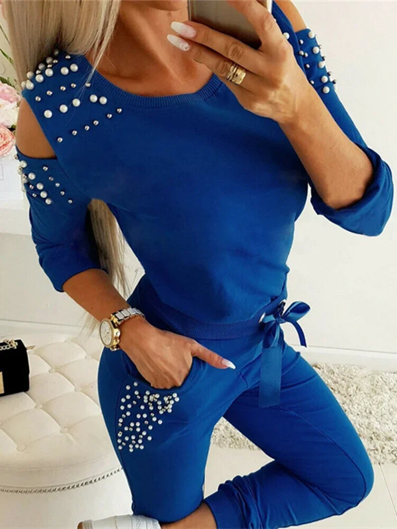 Женский спортивный костюм из 2 предметов повседневный топ и брюки с украшением в