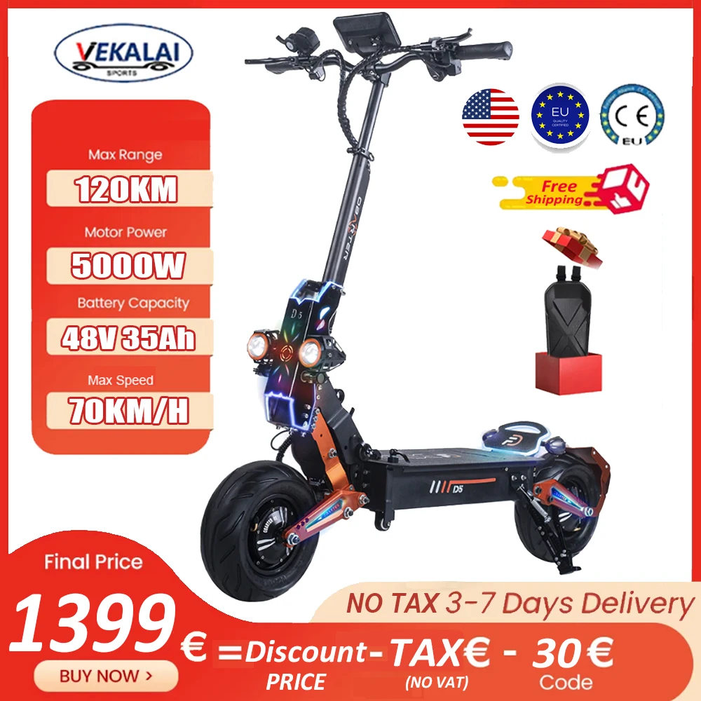 

VEKALAI D5 Electric Scooter for Adults 5000W Dual Motor 48V 35AH Battery 70km/h Max Speed 120km Long Range 12 inch Tire Escooter