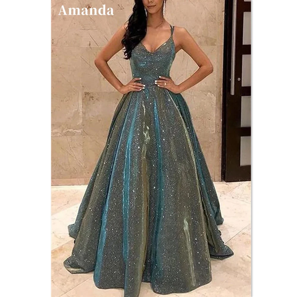 

Amanda Spaghetti Strap Prom Dress Shiny Blue Party Dress Sexy A-line Evening Dresses Glitter Open Back Women Formal Party Dress