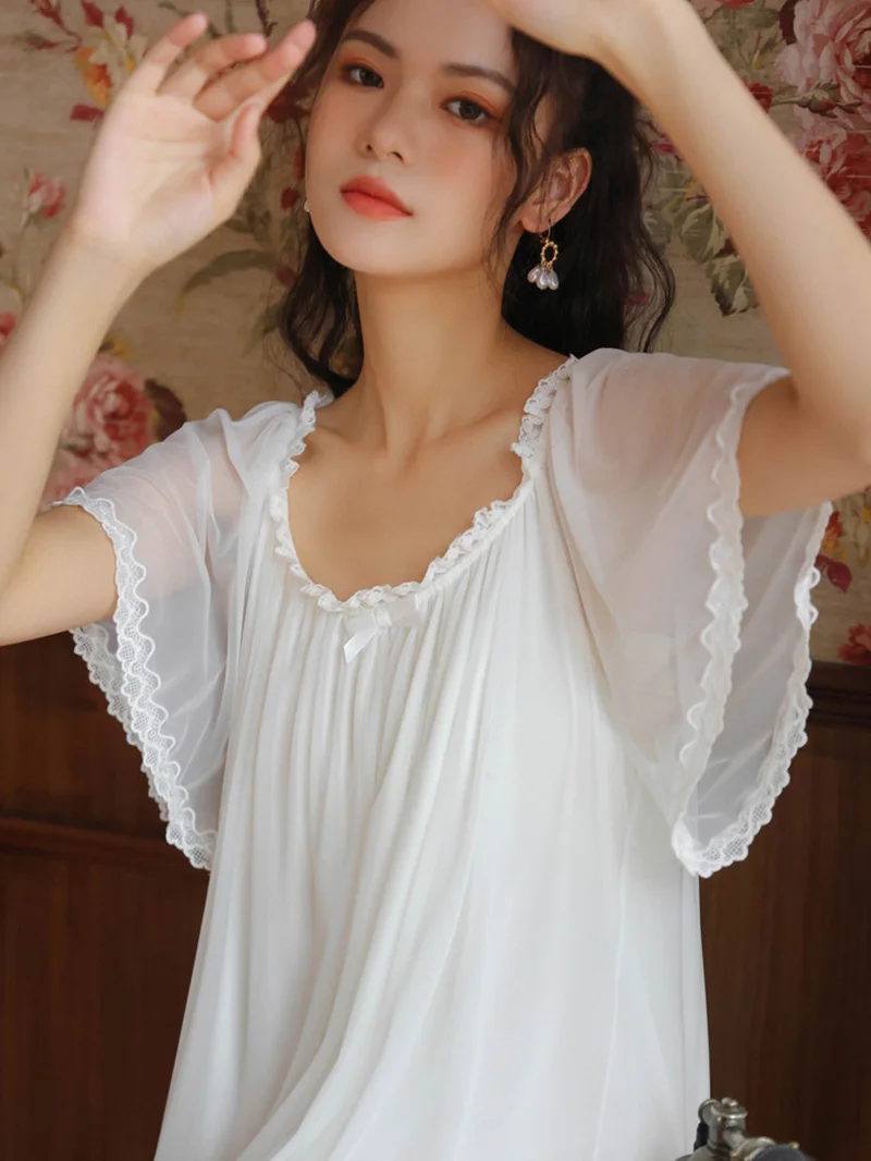 Short Sleeve Vintage Pajamas Nightdress Women Summer Sweet Princess Loose Sleepwear Modal Mesh Ruffles Nightgowns Home Clothes