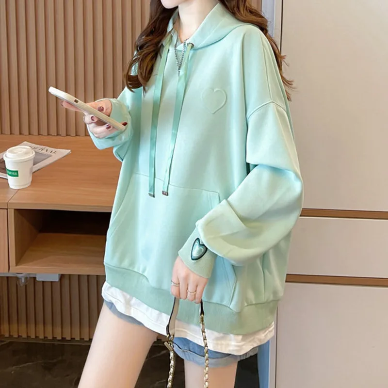 Women Autumn Clothing Street Fashion Solid Hooded Sweatshirt Love Heart Embroidery Drop Long Sleeves Casual Warm Pullover Tops