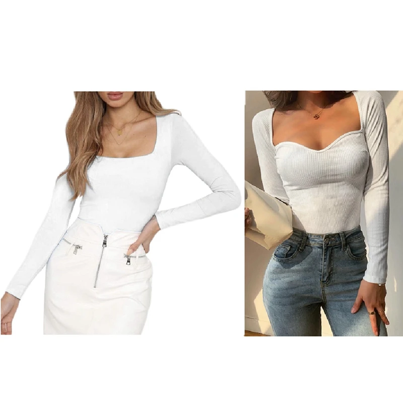 

Women's Solid Color Slim Square Collar Long Sleeve T-Shirt White M & Women's Square Collar Long Sleeve Chest Top White M