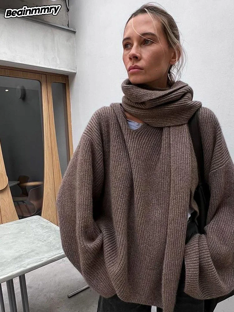 Зимняя мода коричневый вязаный кардиган с шарфовым воротником женский
