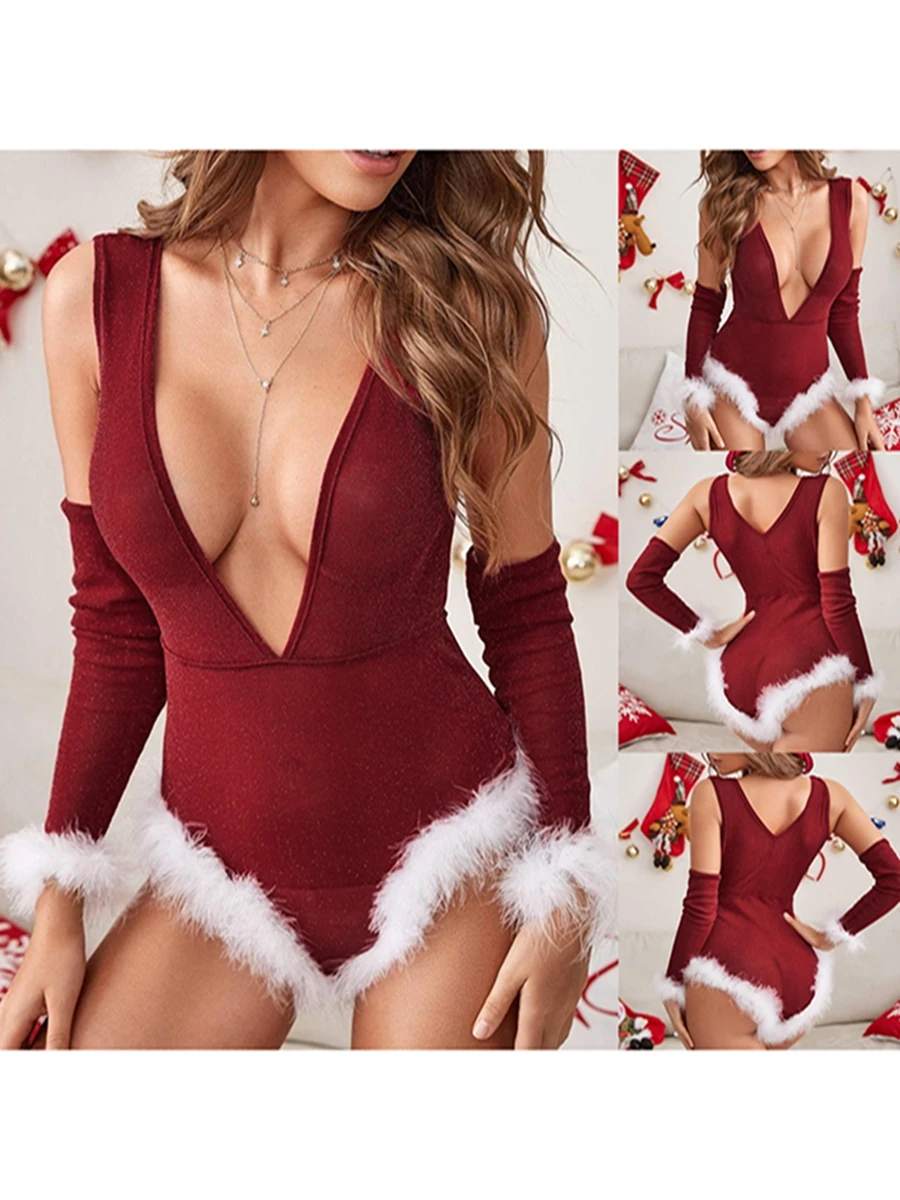 

Женские рождественские комбинезоны, белый Облегающий комбинезон без рукавов с глубоким V-образным вырезом и плюшевой отделкой в стиле пэчворк, комбинезоны с рукавами