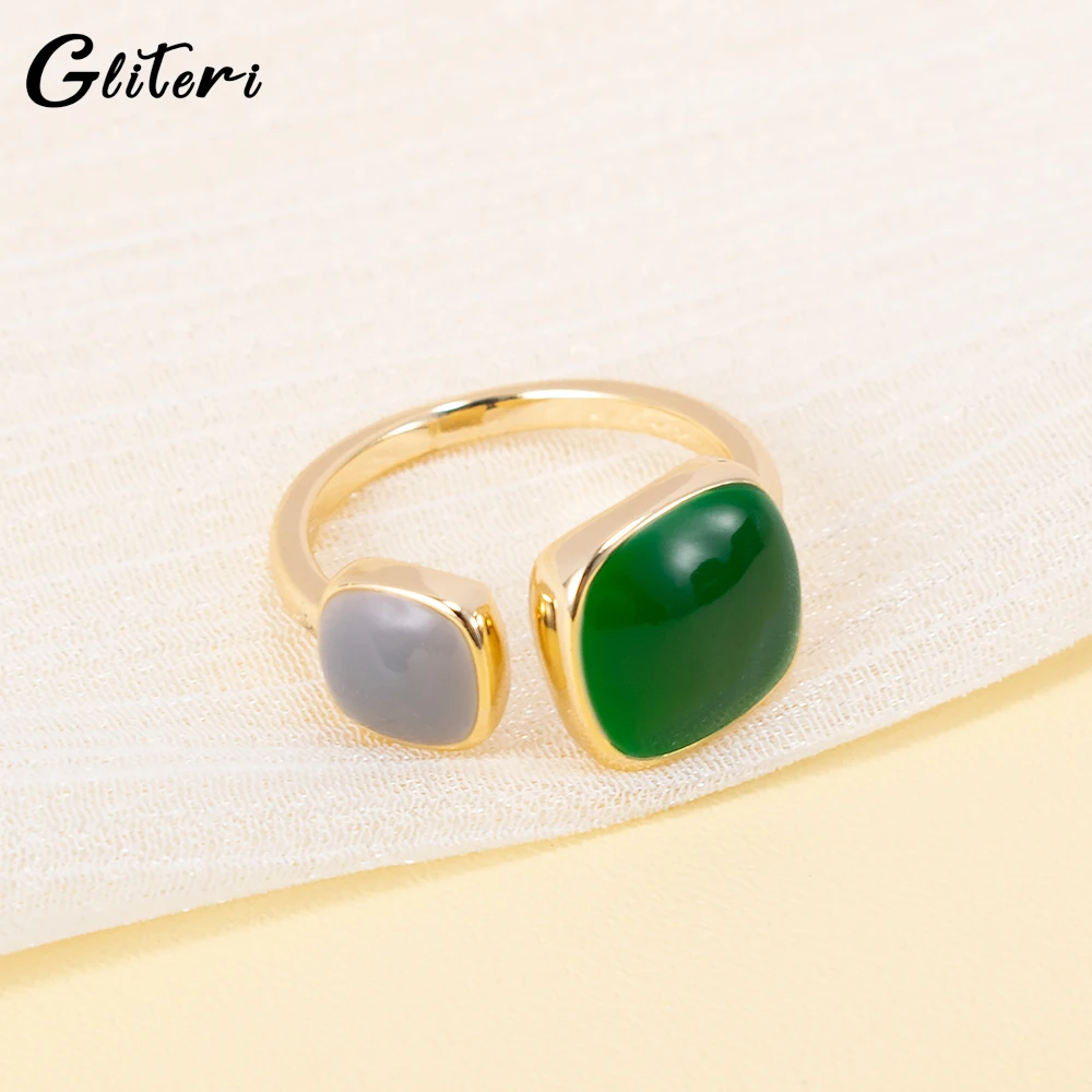 

GEITERI Gold Color Vintage Geometric Open Rings For Women Girls Copper Emerald Drops Oil Adjustable Finger Ring Charm Jewelry