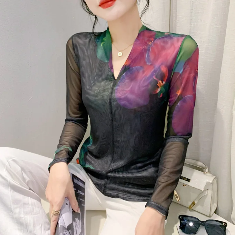 # 8772 Женская футболка с длинным рукавом и v-образным вырезом винтажная сетчатая