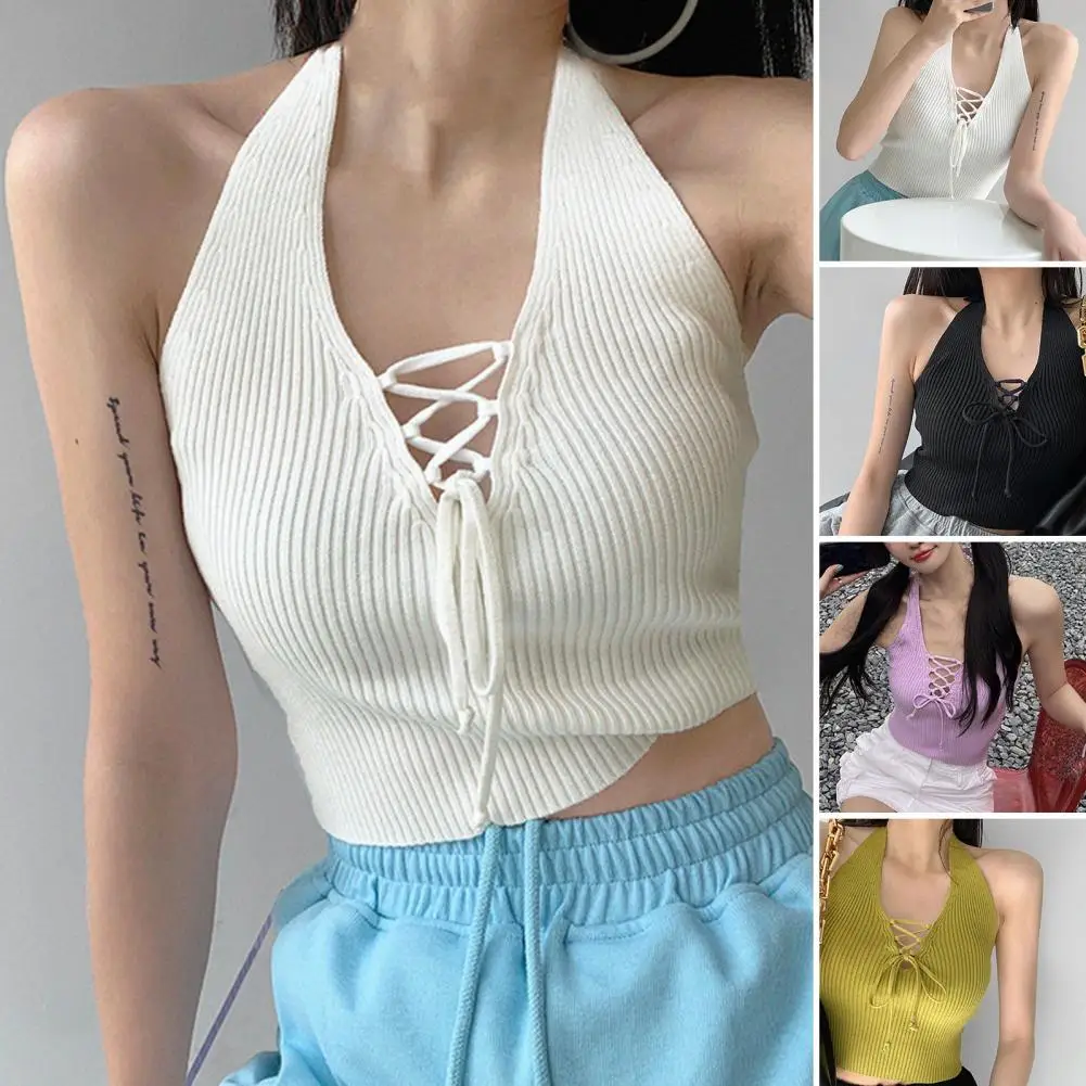 

V-neck Backless Front Lace-up Exposed Navel Crop Top Ribbed Halter Knitted Camisole Blouse Female Clothing