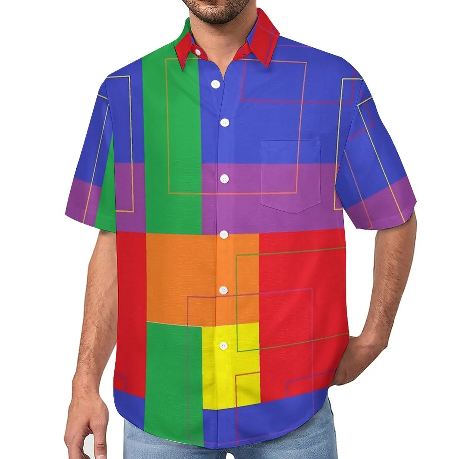 

Повседневная рубашка с разноцветным принтом, Пляжная Свободная рубашка с геометрическим рисунком, Гавайские трендовые блузки, топы большого размера с короткими рукавами на заказ