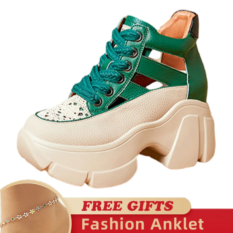 8.5cm Chunky Sneakers Genuine Leather Slides Hollow Women Summer Ankle Vulcanize Platform Sandals Wedge Breathable Female Shoes