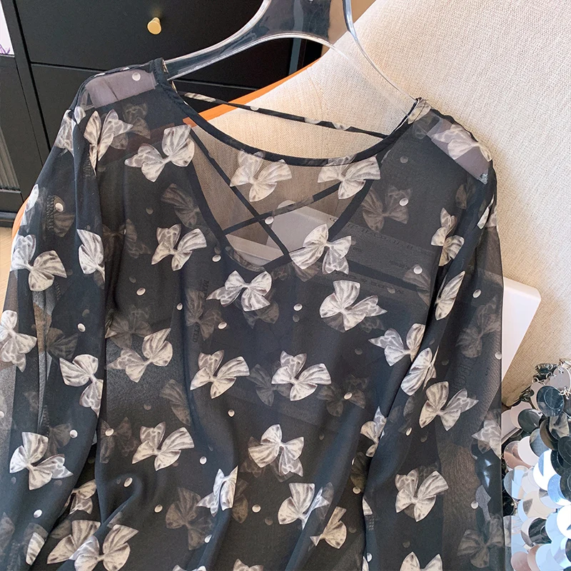 Женская летняя легкая дышащая накидка с принтом в виде банта слегка прозрачная