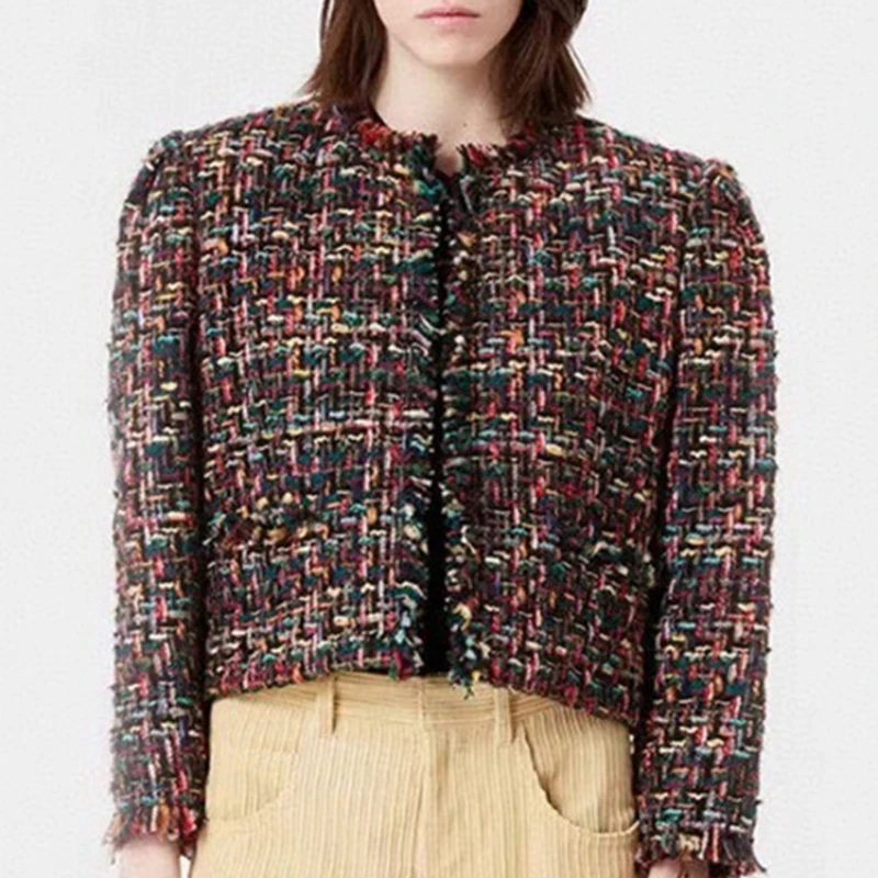 Women's Colorful Woven Tweed Jacket O-neck long sleeve Temperament Female Cropped Coat