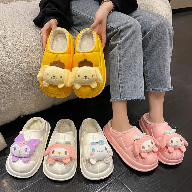 

Зимние флисовые хлопковые тапочки Kawaii Sanrioed, Симпатичные Аниме шлепанцы на платформе MyMelody Kuromi Cinnamoroll из мультфильма EVA, домашняя обувь
