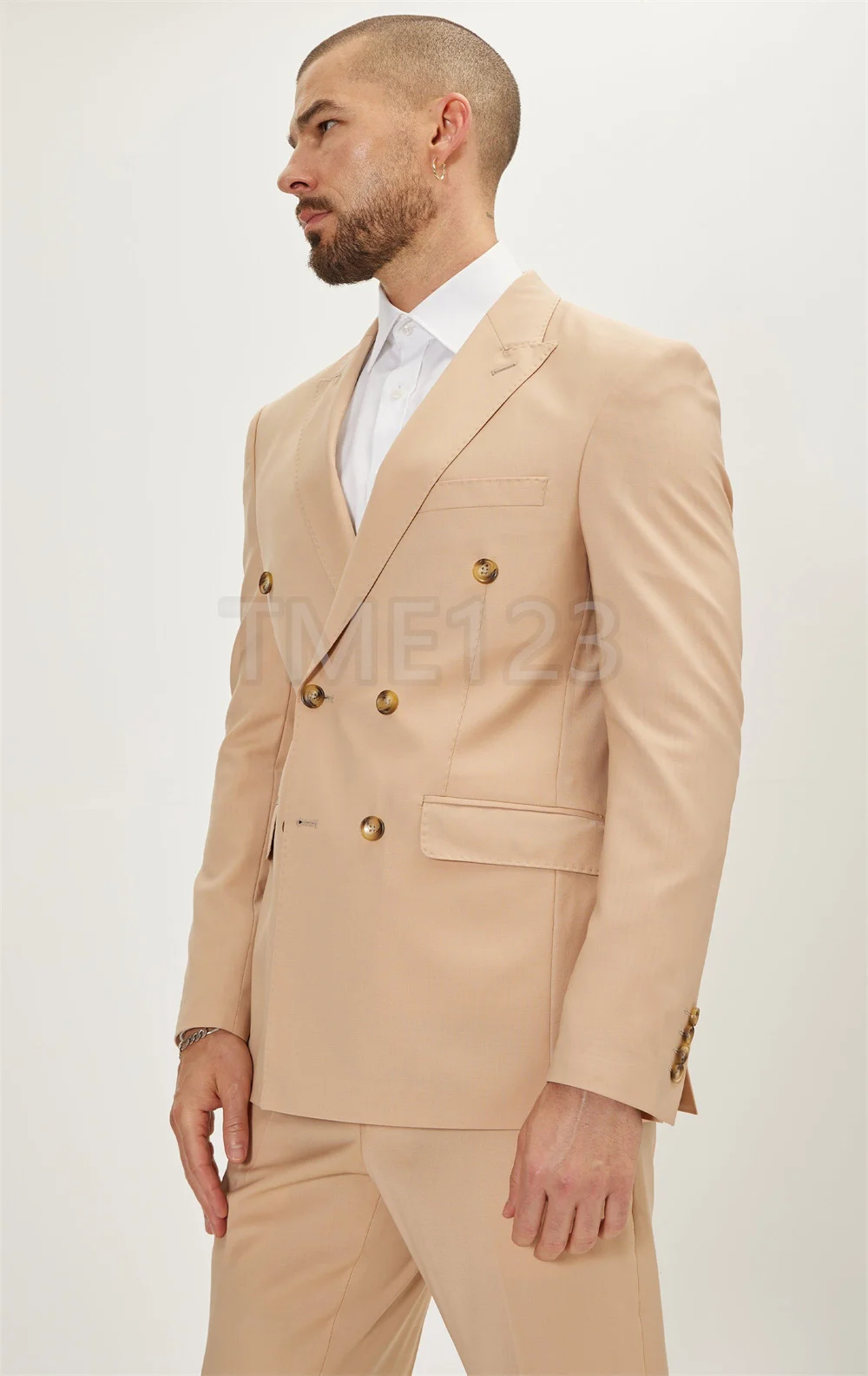

Newest Fashion Champagne Mens Suits Set Slim Fit Groomsmen Groom Wedding Tuxedo Double Breasted Blazer Pants 2Pcs