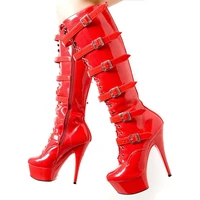 women knee high boots 15cm super high heel platform buckle straps pu leather boots custom made