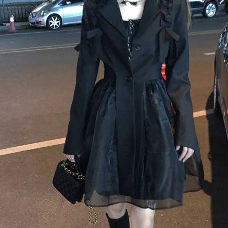 

Women Dress Irregular Short Suit Jacket Mesh Splicing Suspender Dress
