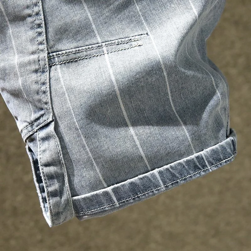 Мужские летние джинсовые шорты в полоску облегающие укороченные брюки бриджи с