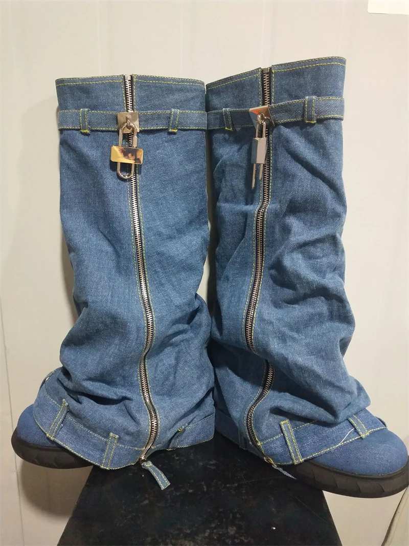 2023 Winter New Style Women's Knee-high Boots Round Toe Platform Wedges Denim Female Shoes Fashion Metal Decoration Boots Ladies