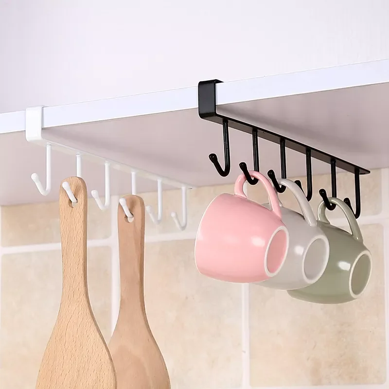 

Iron 6 Hooks Storage Shelf Wardrobe Cabinet Metal Under Shelves Mug Cup Hanger Bathroom Kitchen Organizer Rack Holder 2021 Hot
