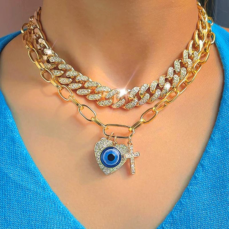 

JUST FEEL Punk Iced Out Cuban Chain Evil Eye Necklace For Women Multi-layer Heart Crystal Cross Pendant Necklace Hip Hop Jewelry