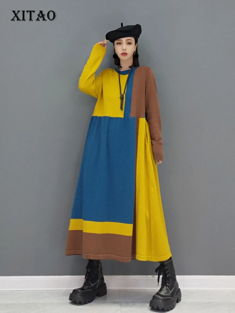 XITAO Knitted Dress Fashion New Hit Color Full Sleeve Pleated 2021 Autumn  Goddess Fan Casual Style Dress WMD3071