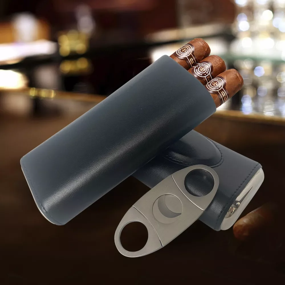 

2023 High Quality 3-Finger Humidors Portable Cigar Box Brown Cigar Leather Case Holder with Cigar Cutter Lighters and smoking ut
