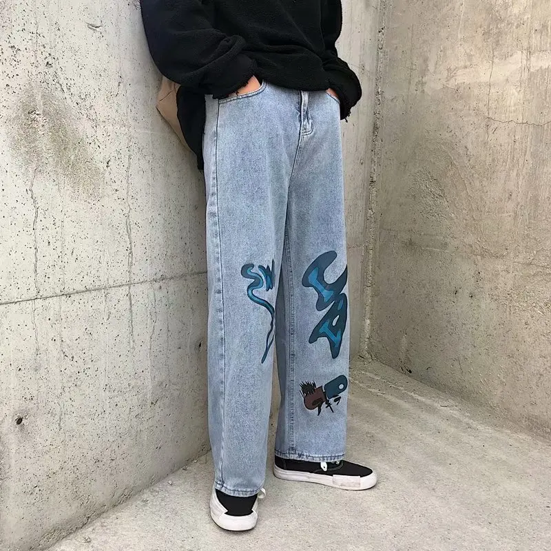 2022 New Arrivals Graffiti Hip Hop Men Straight Jeans Trousers Streetwear Male Casual Baggy Denim Pants Korean Style Pantalones