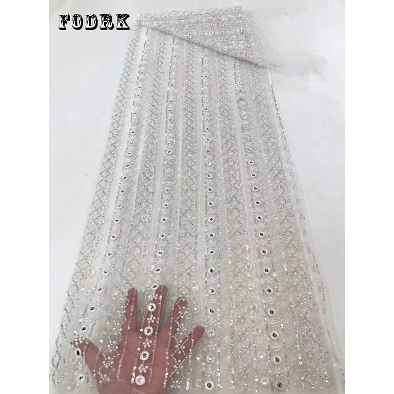 

Beaded Lace Fabric 5 Yards Dubai Hand Beaded Tulle Lace Fabric Embroidered Applique African Nigerian Fabric For SewingXC80