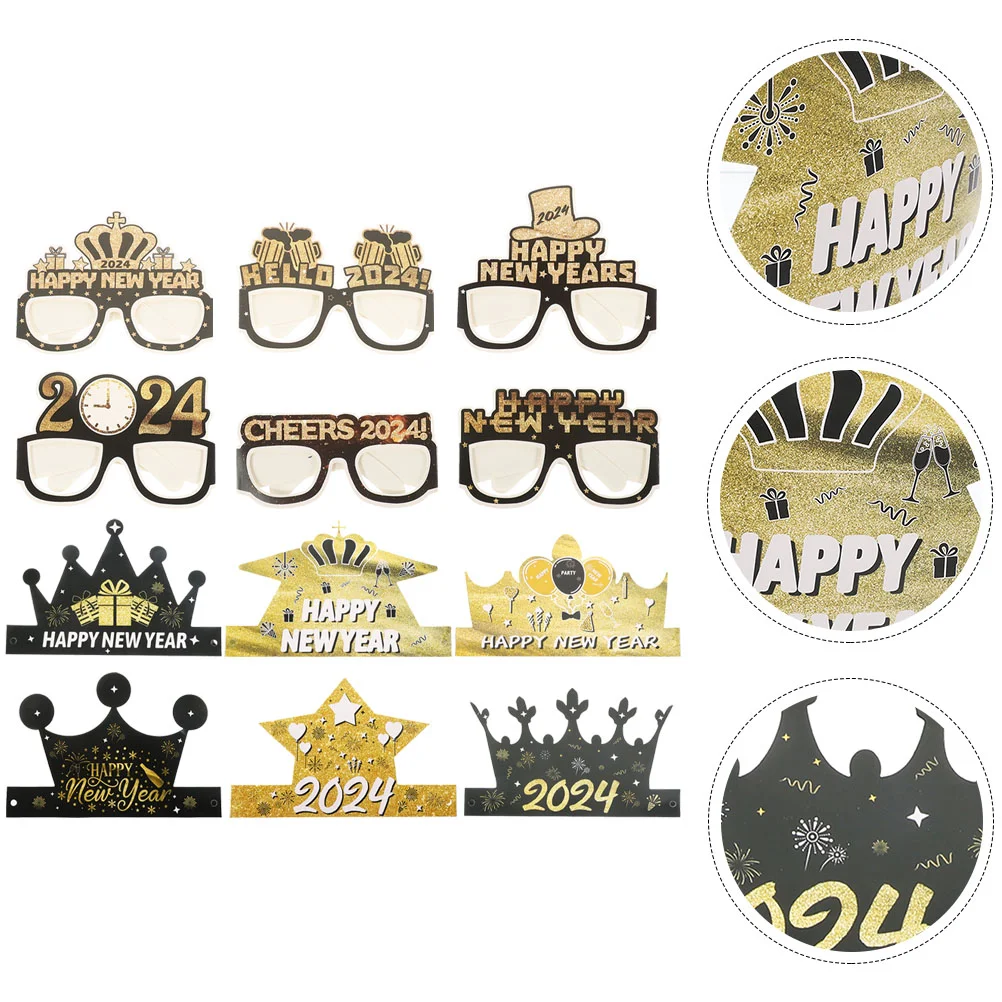 

Cone Hat Funny Glasses Paper Party Photo Happy New Year Hats 2024 Set Eve Favors Eyeglasses