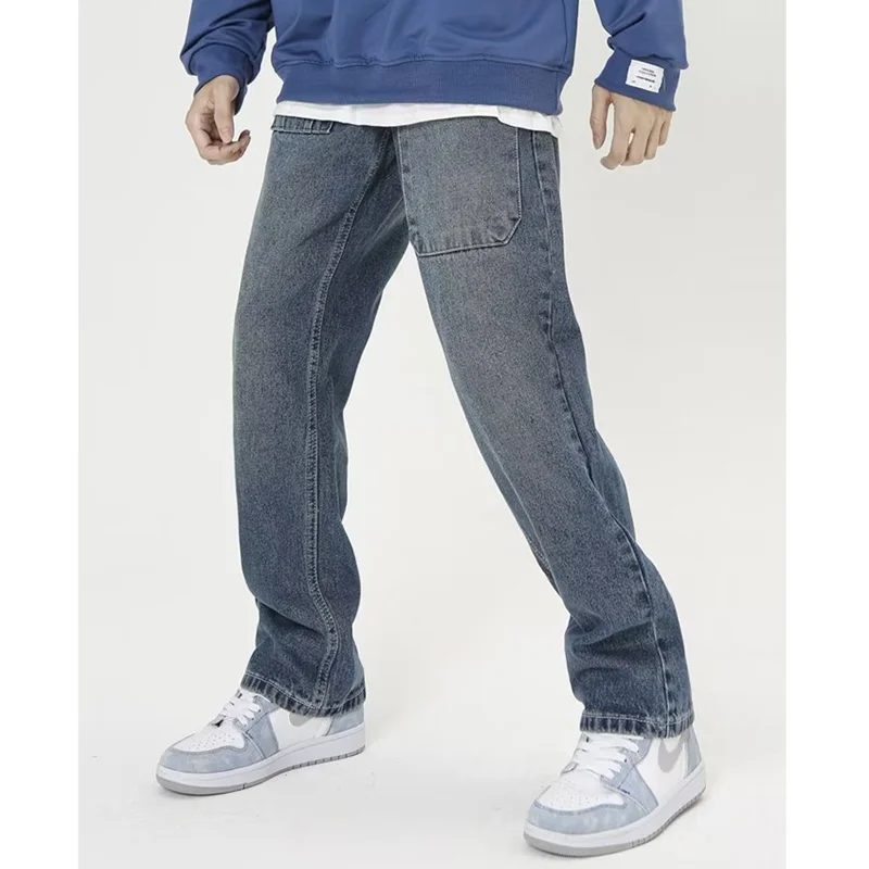 Men Clothing 2022 New Large Pocket Design Blue Jeans Temperament Versatile Wide Leg Straight Cylinder Cargo Pants Autumn Female