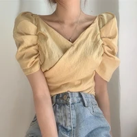 women solid color cross waist bubble sleeve t shirts korean chic retro sweet v neck carefully exposed collarbone tops female pop