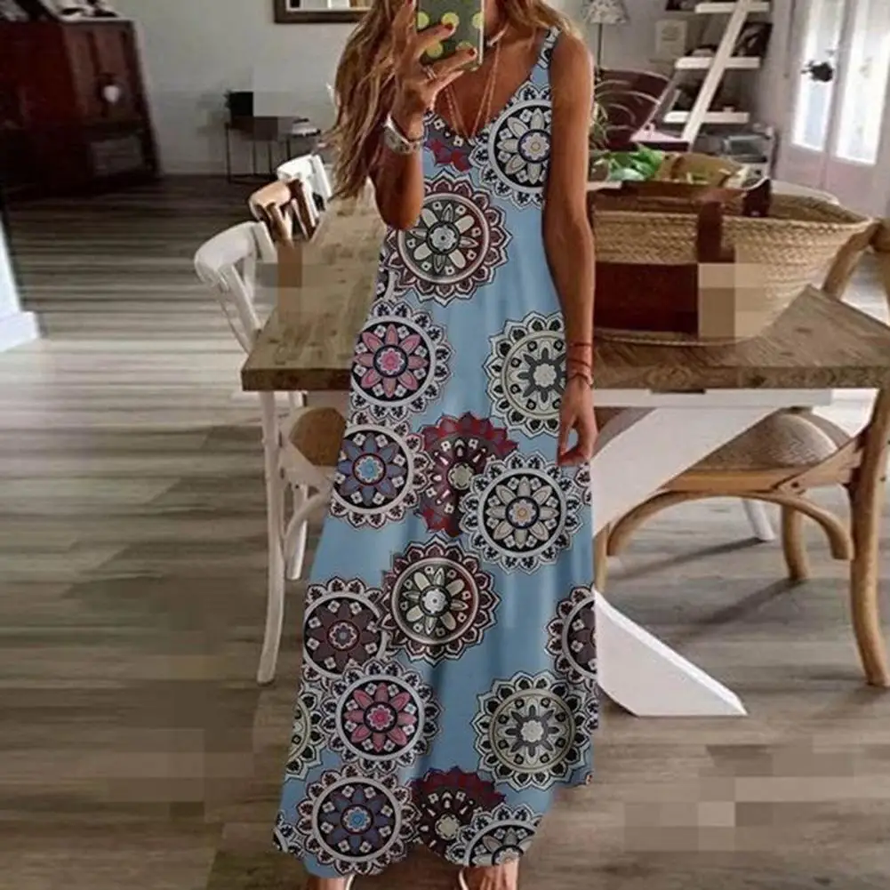

Women Summer Dress for Beach Printed V Neck Suspender A-line Skirt for Beach