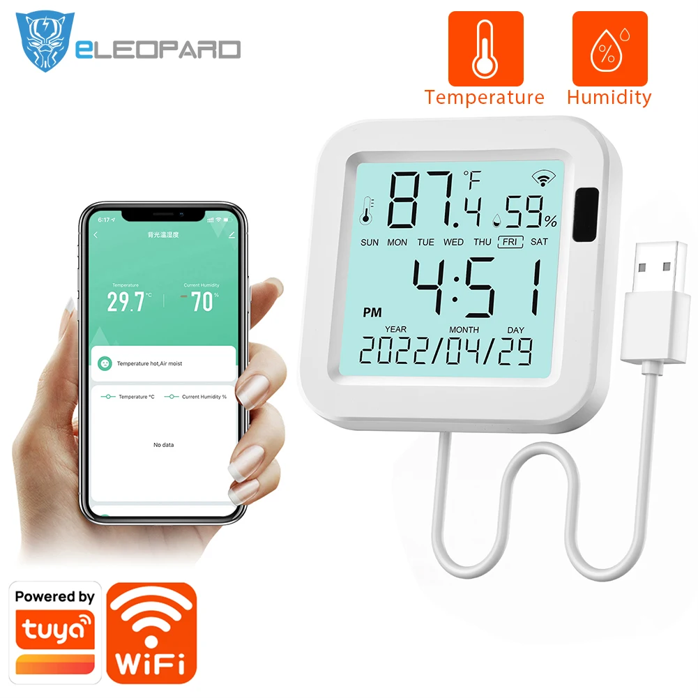 

Умный датчик температуры и влажности Smart Life Tuya APP с подсветкой для умного дома, WiFi, умная работа с Alexa Google Assistant