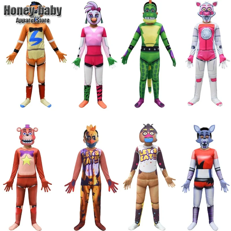 Boys Girls Fnaf Freddy Bear Jumpsuit Kids Halloween Cosplay Costume Party Carnival Role Playing Dress Up Suit Gloves Outfit