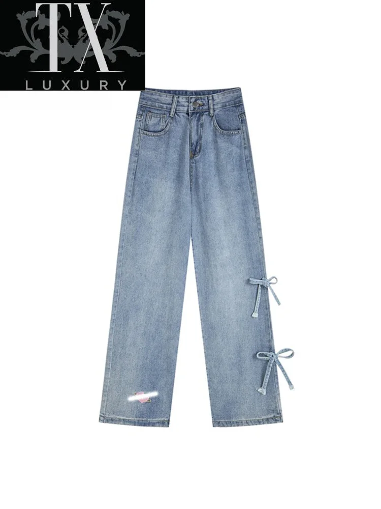 

Wide Leg Jeans For Women Bow Baggy Denim Pants High Waist Fashion Blue Long Trousers Vintage Streetwear New Autumn Clothing