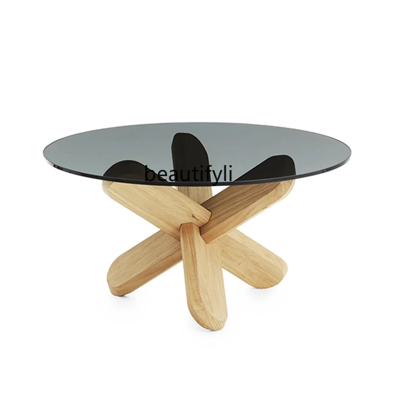 

Simple Modern Nordic Style Household Solid Wood Tea Table Tempered Glass Circle and Creative Art Light Luxury Tea Table