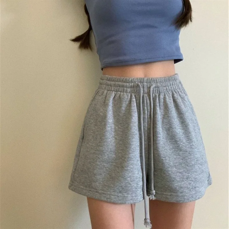 Women Shorts Cotton Cozy Simple Loose Solid Shorts Lace Up Drawstring Wide Leg Sports Pants Breathable All-match Running Bottoms