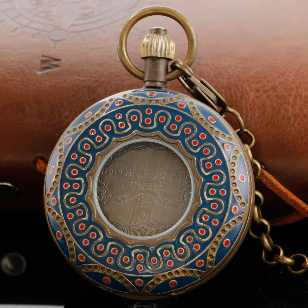 New Luxury Blue Pattern Mechanical Pocket Watch Retro Hollowed-Out Case Simulated Skeleton Flywheel Mens Mechanical Pocket Watch