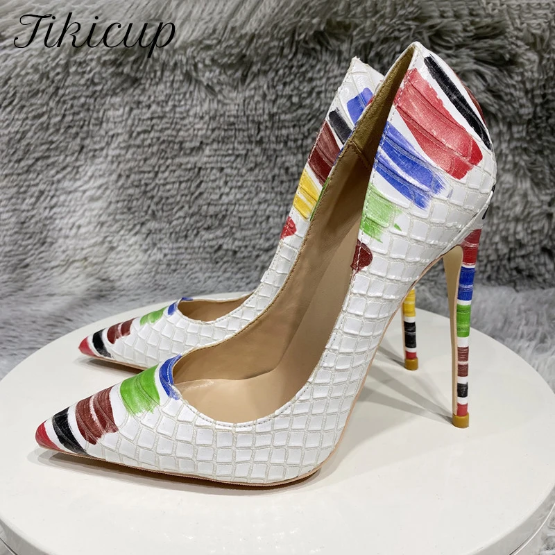 

Tikicup Colored Painted Women White Crocodile Effect Pointy Toe High Heel Party Shoes Snakeskin Sexy Stiletto Pumps 8-12cm