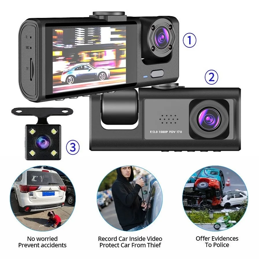 

3-канальный Автомобильный видеорегистратор HD 1080P, 3-объективный внутренний Автомобильный видеорегистратор, трехсторонняя камера, видеорегистратор, видеокамера, Новинка